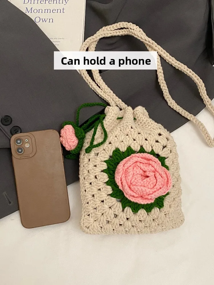 

Вязаная вручную сумка для телефона с цветком розы, сумка через плечо, маленький рынок, мягкий хлопковый материал, милый женский чехол для мобильного телефона