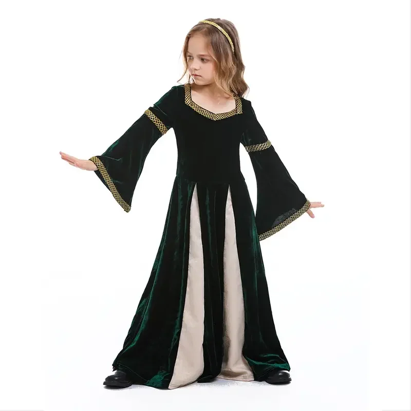 Kids Girls Media Princess Cosplay Fantasy Dark Green Retro Gown Halloween Renaissance Disguise costume Vintage Outfits