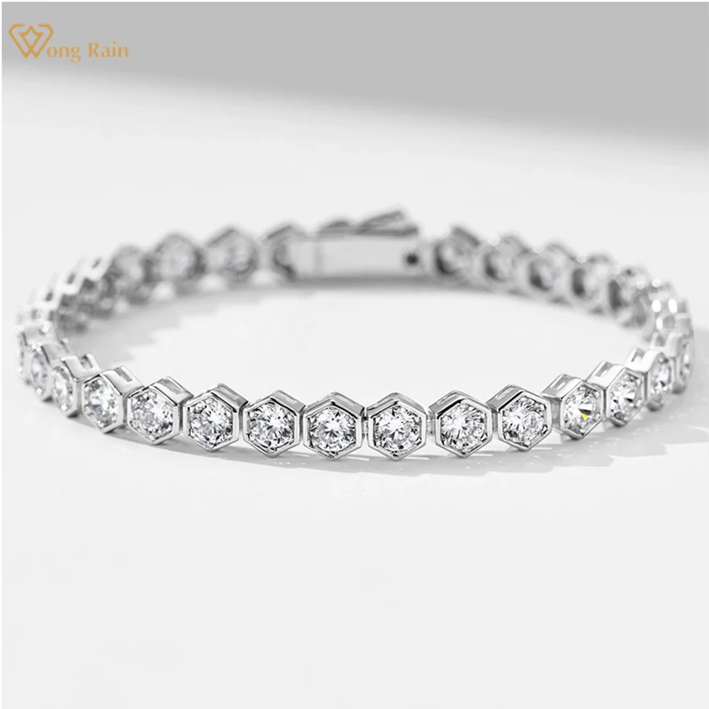 

Wong Rain Sparkling 100% 925 Sterling Silver Lab Sapphire Gemstone Hexagon Chain Bracelets Bangle Fine Jewelry Anniversary Gifts
