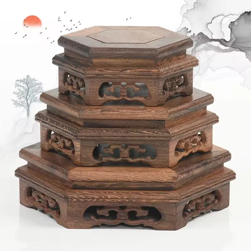 

Top Wood Carving Hexagon Stand For Incense Burner Zen Buddha Statue Flower Pot Tea Pot Shelf Collection Display Stand Home Decor