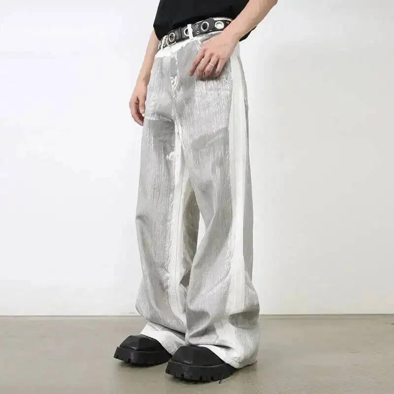 Men's Gradient Dirty Jeans Silver Gray White Stripe Loose Wide Leg Casual Streetwear High Waist Denim Long Pants 9X12OI