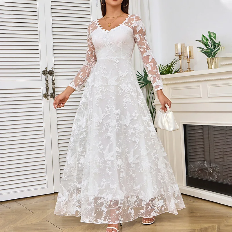 Elegantes Weißes Besticktes Sommer-Hochzeitskleid für Damen