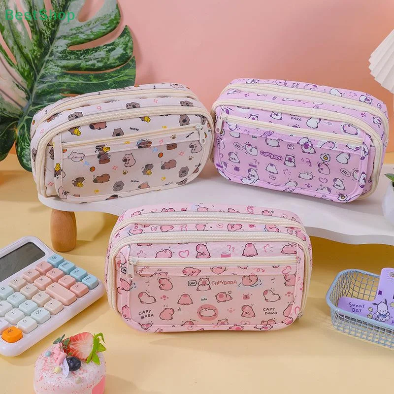 Bolsa para bolígrafos Capibala de gran capacidad, bolsa de almacenamiento de papelería, estuche para lápices de dibujos animados Kapibara de alta calidad con tapa abatible, 1 Uds.