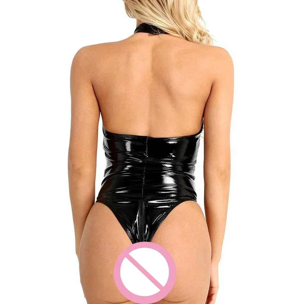 PU Latex Leather Backless Zipper Crotchless Bodysuit Women Sexy Lingerie Underwear Porn Erotic Sensual Costumes Catsuit