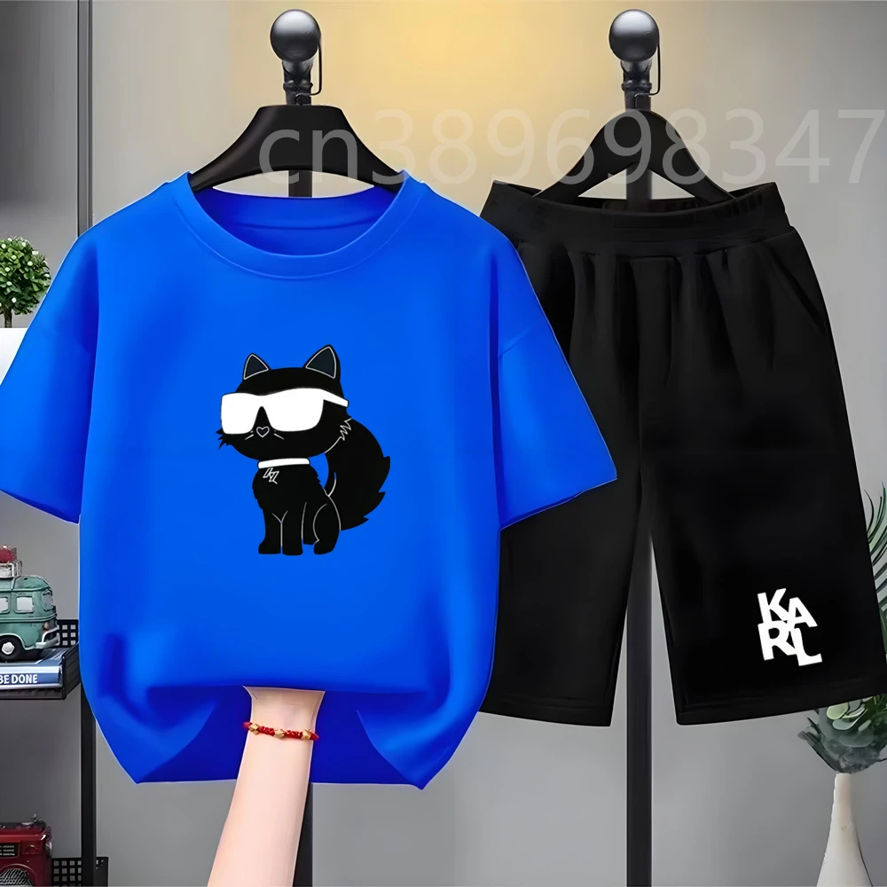 Summer Children Short Sleeve Cool Black Cat White Cat Print Suitable Tshirt+Shorts Age 3-12 Girls Boy 2pcs Leisure Kids Set