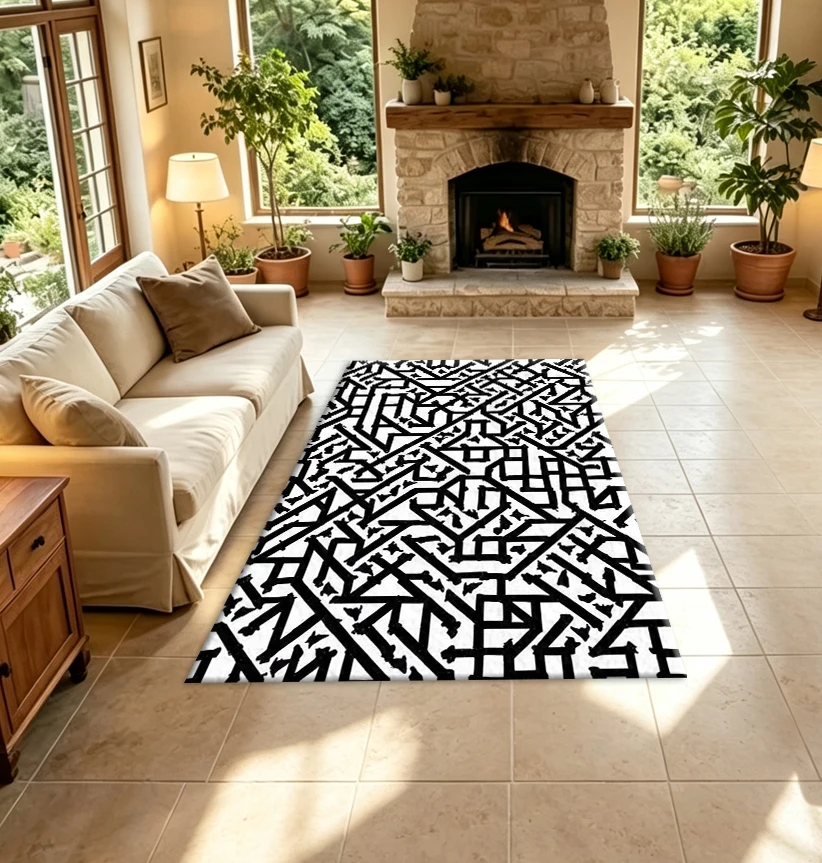 Black and White Abstract Geometric Lines Carpet Floor Mat Modern Art Texture Rug Suitable for Living Room Office Decoration