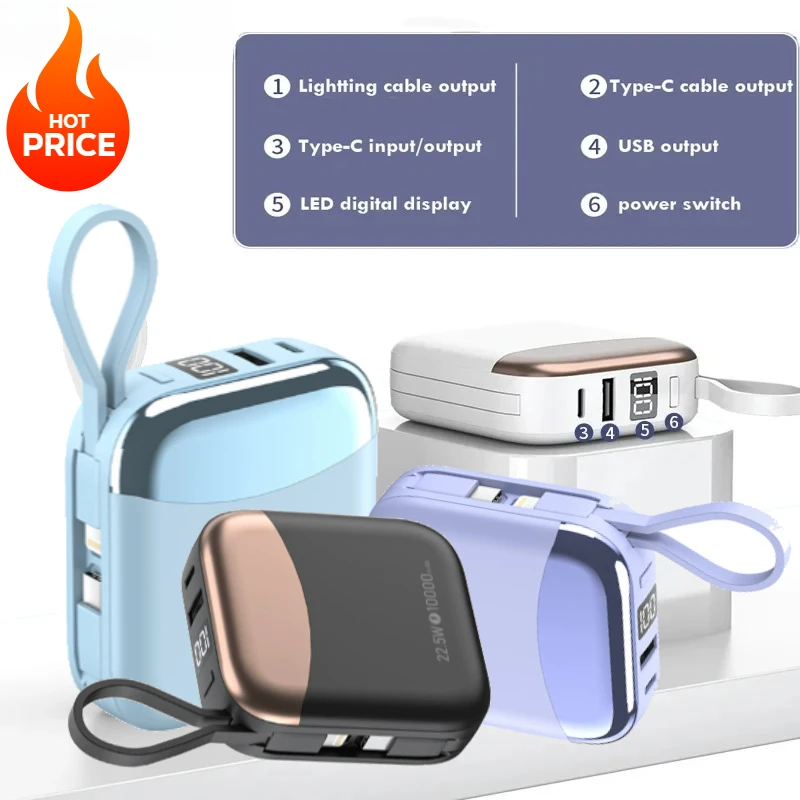 

Мини-банк питания 10000 мАч USB C для быстрой зарядки с кабелем PD20W 22,5 Вт, внешний запасной аккумулятор для IPhone, Samsung, Xiaomi