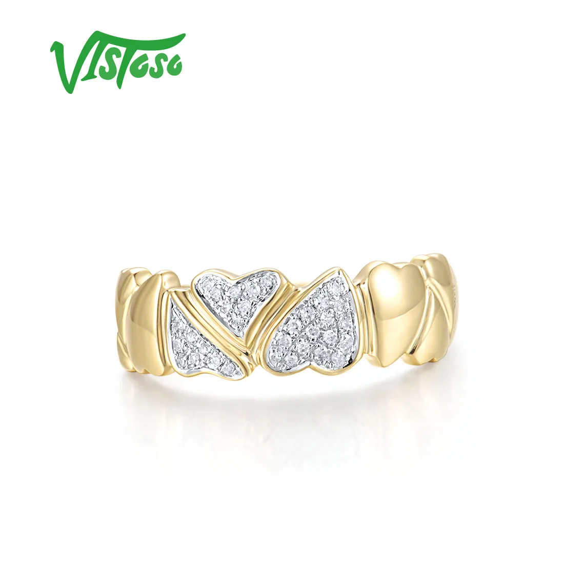 VISTOSO Authentic 14K 585 Yellow Gold Ring For Women Sparkling Diamond Sweet Heart Love Wedding Engagement Elegant Fine Jewelry