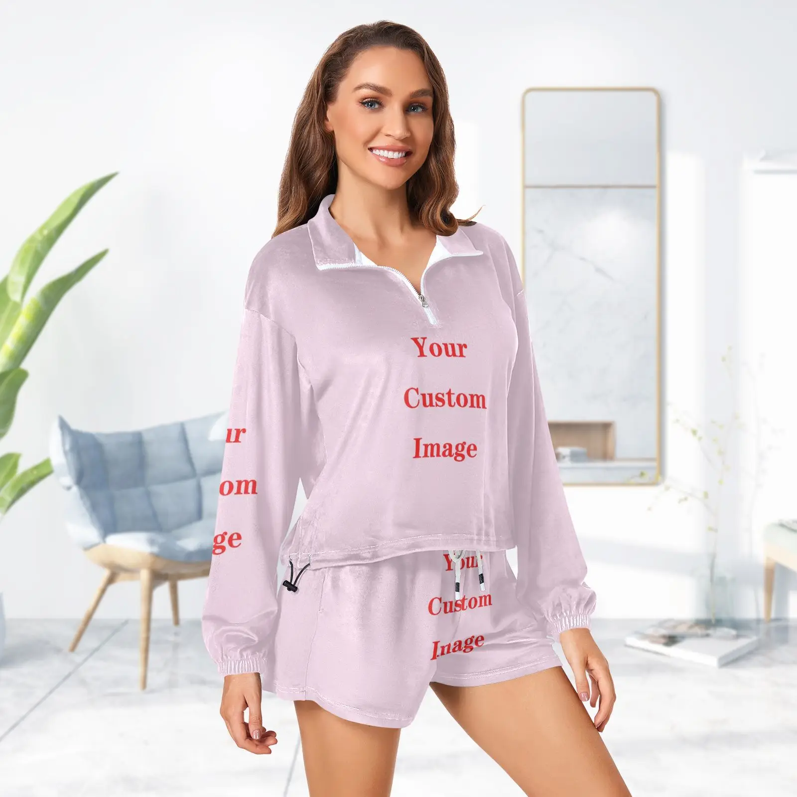 New Fashion Sporty Sweatsuits Ladies Two-piece Zippered Cropped Hoodie and Shorts Suit Sportswear for Women Customized image