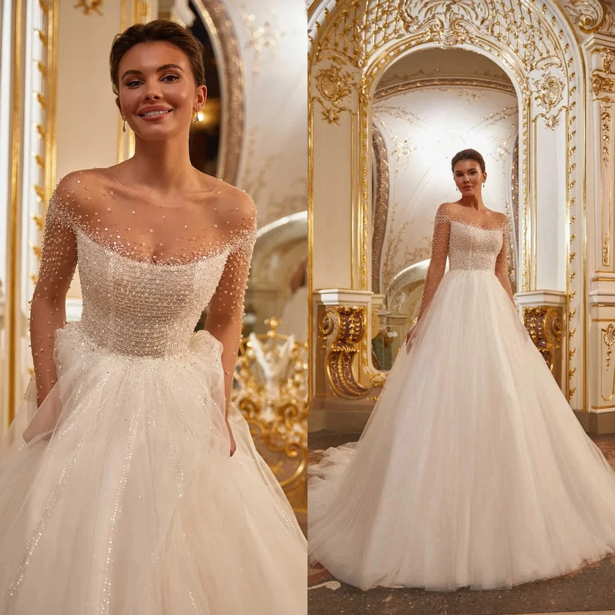 

Sparkling Beaded Wedding Dresses O Neck Long Sleeve A Line Bridal Gowns Floor Length Vestidos De Novia Customized