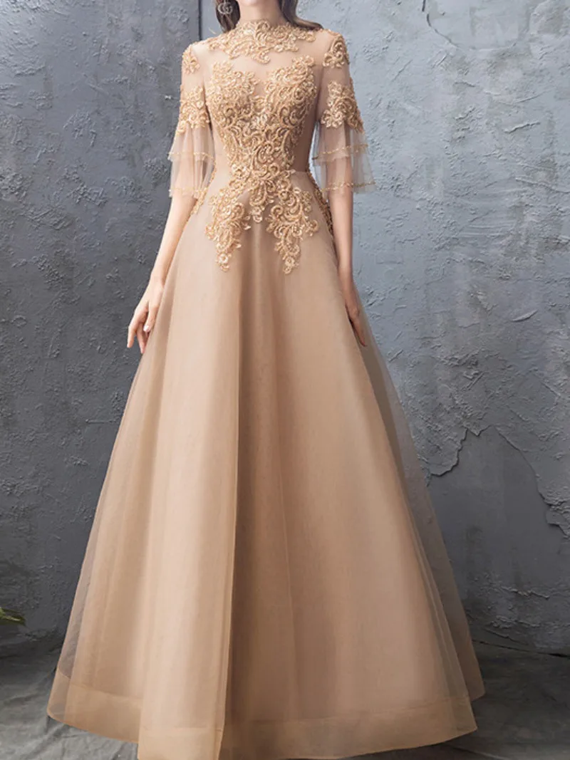 CustomizedElegant High Neck Half Flare Sleeves Evening Dresses Luxury Gold Color Applique Formal Gown Slim Waist A-line Vestidos