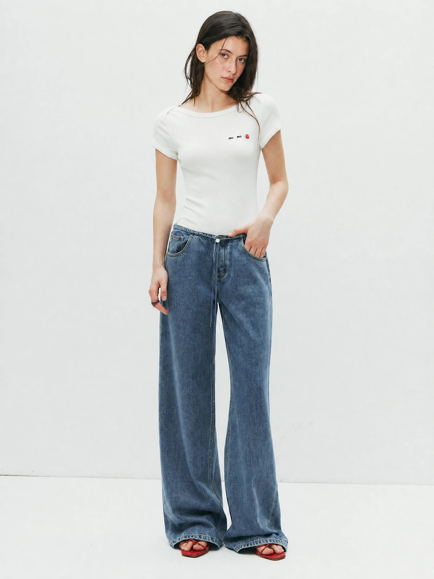 Handmade Drawstring Wide Leg Jeans Loose Fit for All Sizes Comfortable Casual Low Waist Denim Pants Women's Premium Quality