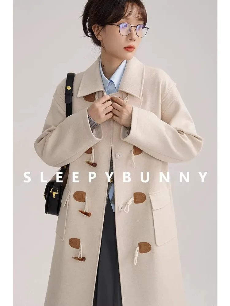 

Elegant Woolen Duffle Coat Women Thick French Style Long Jacket with Lapel Winter Warm Casual Mid-Length Outerwear Daily Look