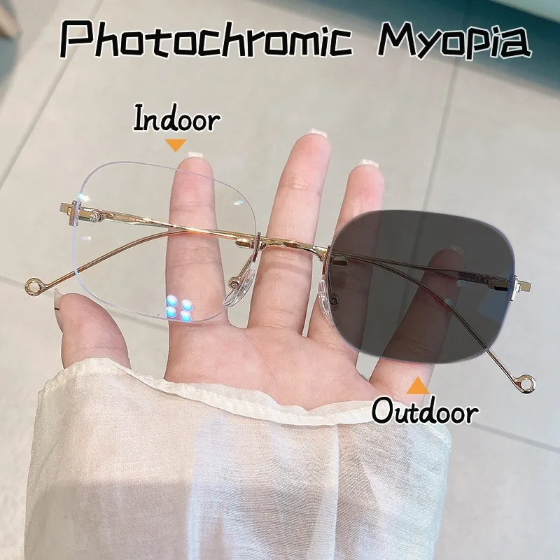 

Women Photochromic Myopia Glasses Unisex Fashion Rimless Minus Diopter Eyeglasses Women Vintage Outdoor Sunglasses 0 To -4.0