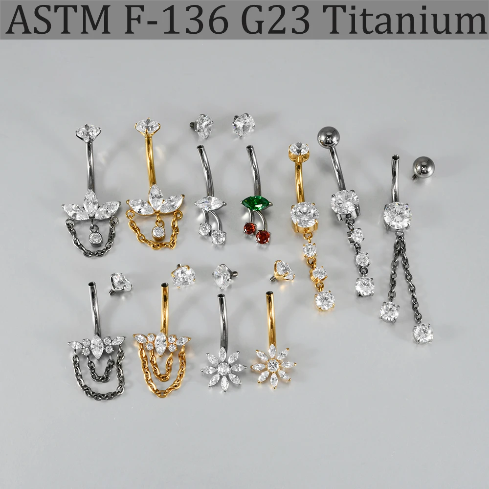 1/2PCs F-136 Implant Titanium Marquise Zirconia Long Hang Chain Belly Button Ring Internal Threaded 14G Cherry Flower Belly Stud