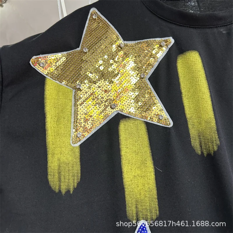 Heavy Industry Design Sense Sequin Five-Pointed Star Loose Short-Sleeved T-shirt Summer Fashion Casual Versatile Top Kawaii Tees