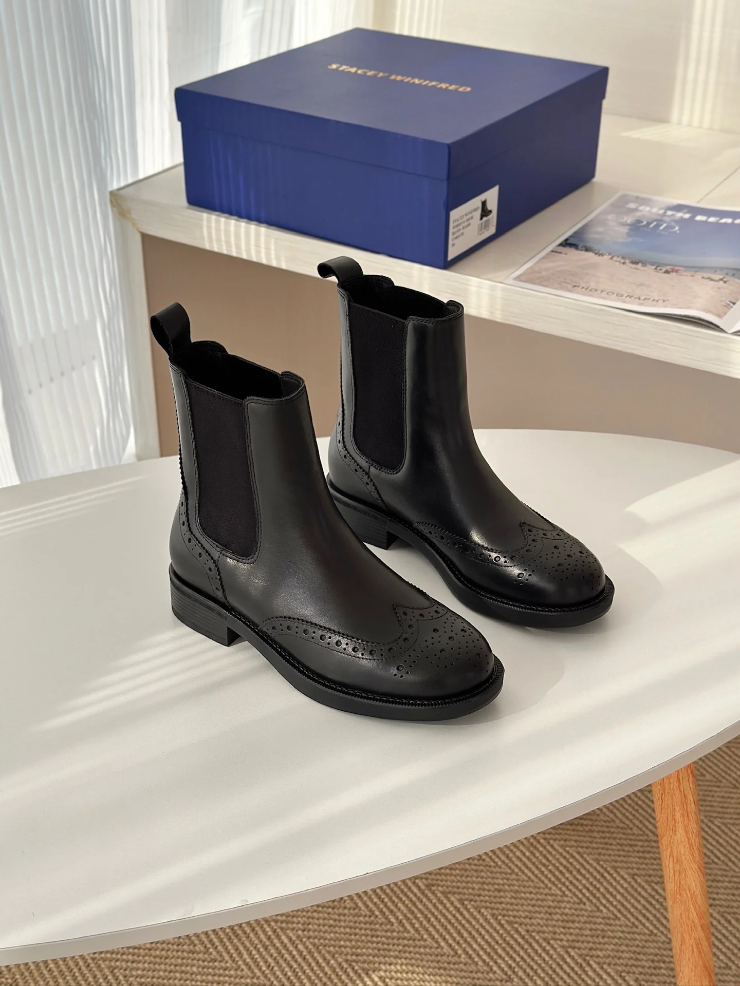 

Women Brogue Chelsea Boots Black Genuine Leather Ankle Boots Elastic Side Panels