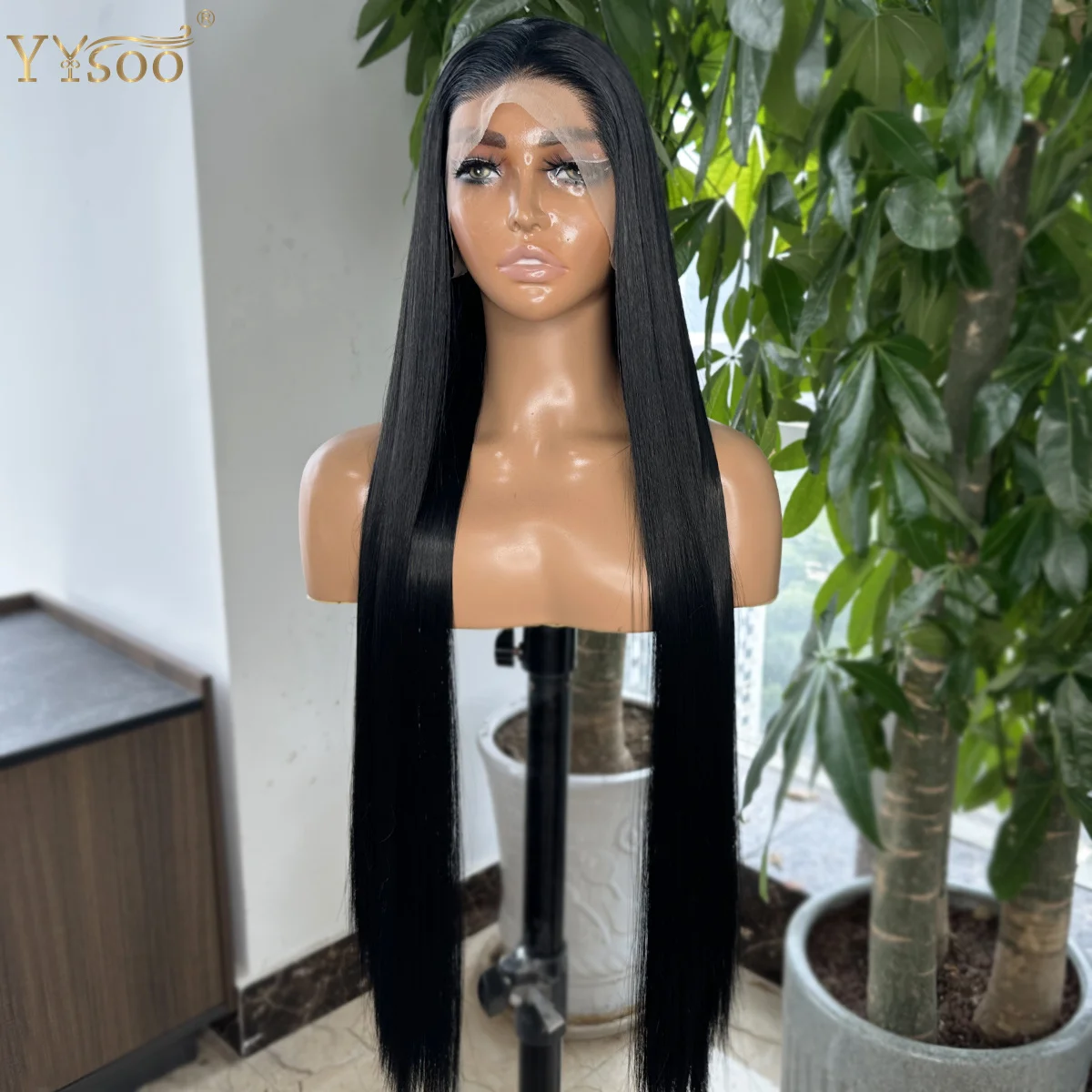 YYsoo Long 30Inch 1# Black Silky Straight Futura Synthetic 13x4 Glueless Lace Front Wigs For Black Women Pre Plucked Hairline