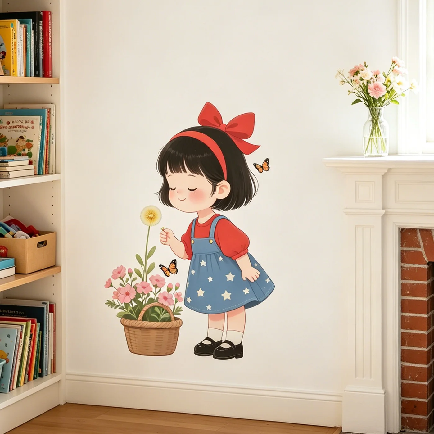 Cute Cartoon Little Girl Wall Stickers Red Bow Blue Star Overalls Flower Basket Butterflies Wall Decals Removable Girls Nursery