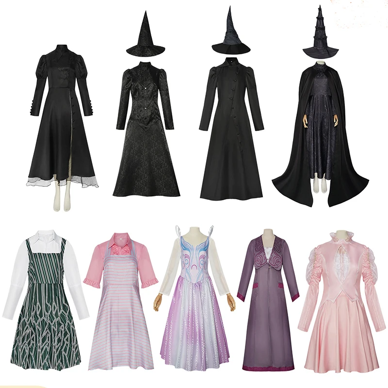 女性のためのハロウィーンパーティーのコスプレ衣装,邪悪なグリンダエルファバ,ロールプレイング,ピンクのドレス,黒いドレス,ドレスと帽子,大人の映画,新しい
