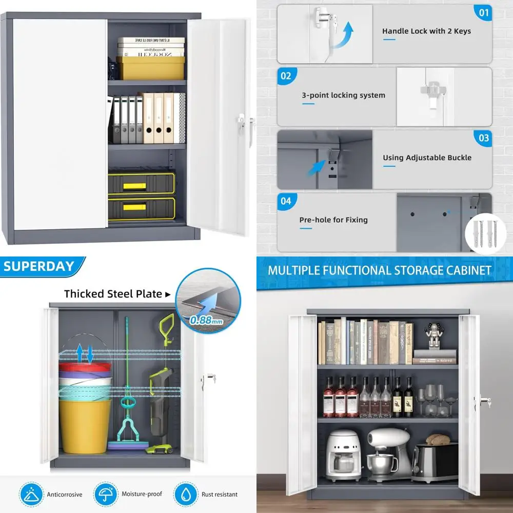 

double-door steel storage cabinet with 2 shelves, 36x32x16 inches