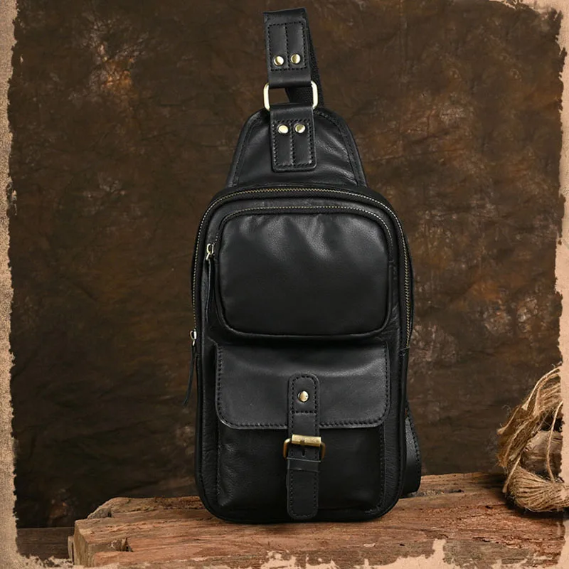 

Men's Genuine Leather Chest Bag Leather Big Capacity Crossbody Bag Casual Male Riding Messenger IPad Cell Phone Sling Bag