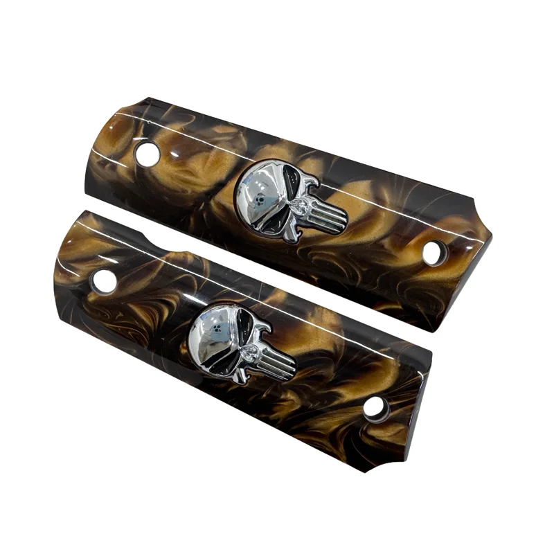 CTG Colt Government Full Size 1911 Poignées en résine de perles marron avec incrustation de crâne argenté