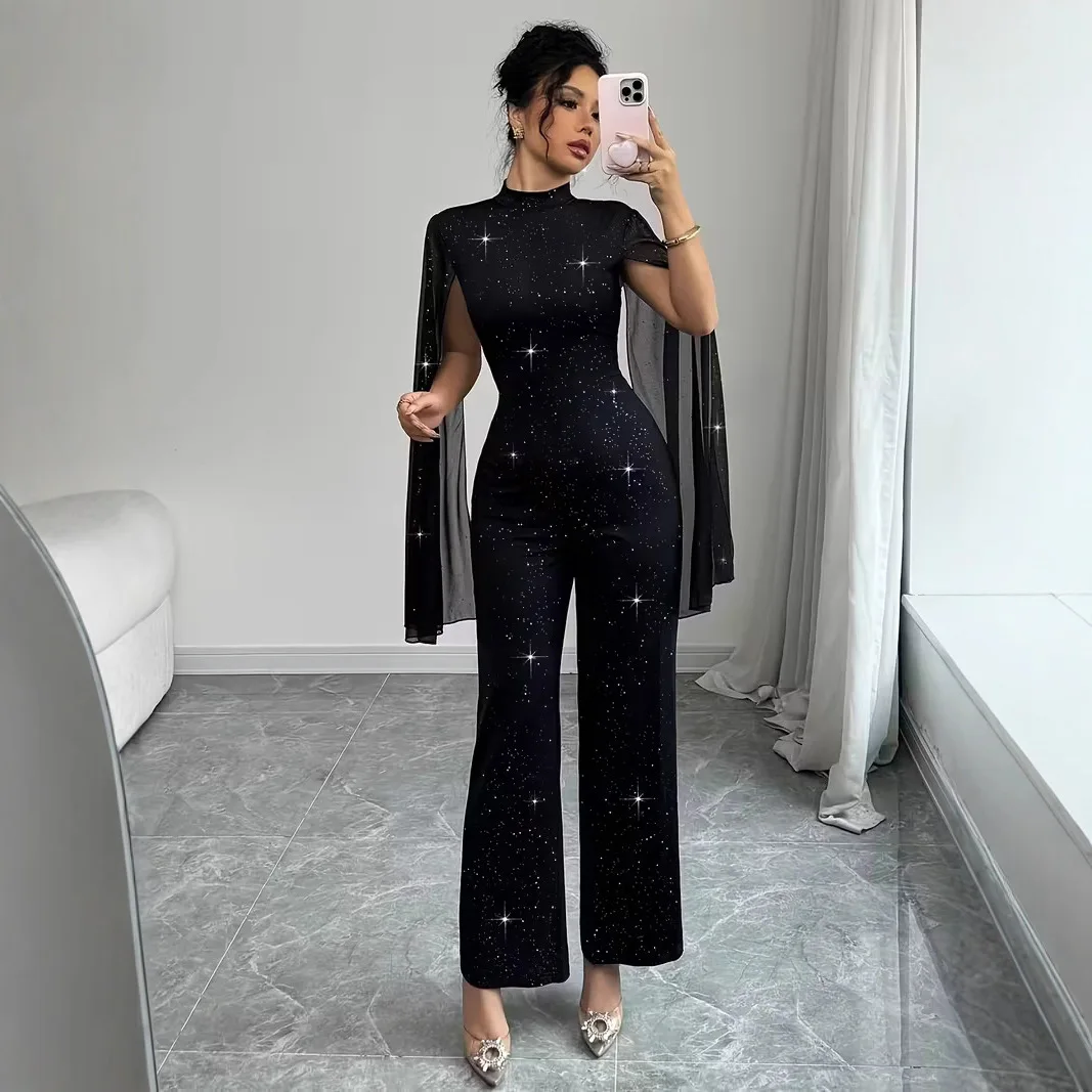 

Женский блестящий прозрачный шифоновый плащ с рукавами, элегантный комбинезон, темпераментный женский повседневный комбинезон на молнии сзади