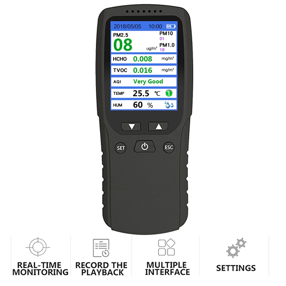 Handheld Air Quality Detector New Version PM2.5 Monitor Gas Analyzer PM2.5+ HCHO+TVOC+ AQI+PM1.0+PM10 +TEMP