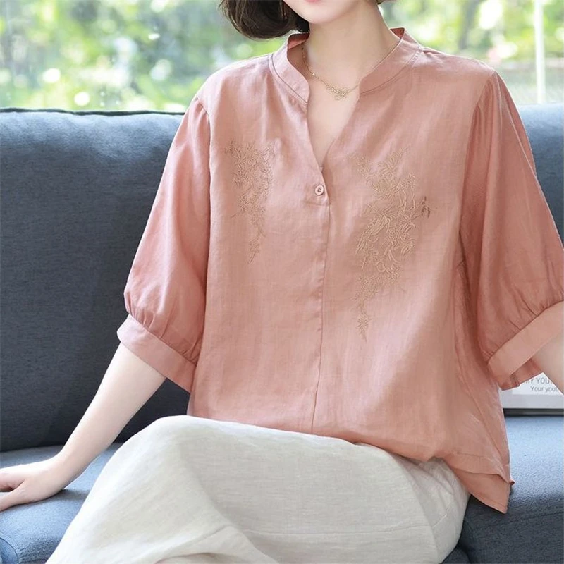 Women\'s Clothing Vintage Embroidery Elegant Blouse Summer Fashion V Neck Half Sleeve Shirt Solid Loose Chic Ladies Tops Blusas