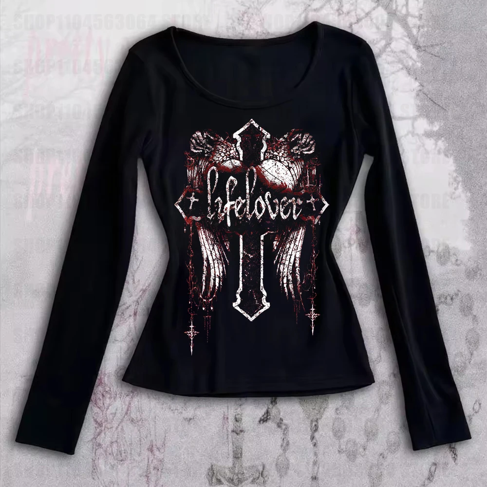 Aesthetic Goth Long sleeves Top Y2k Women Harajuku long Sleeve Funny Graphic Pattern Fairy Grunge Baby Tee T-shirt 2000s leisure