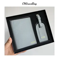 Monogrammed Initial Letters Gift Box Set Passport Holder Cow Pebble Leather Luggage Tag Passport Cover Travel Accessories