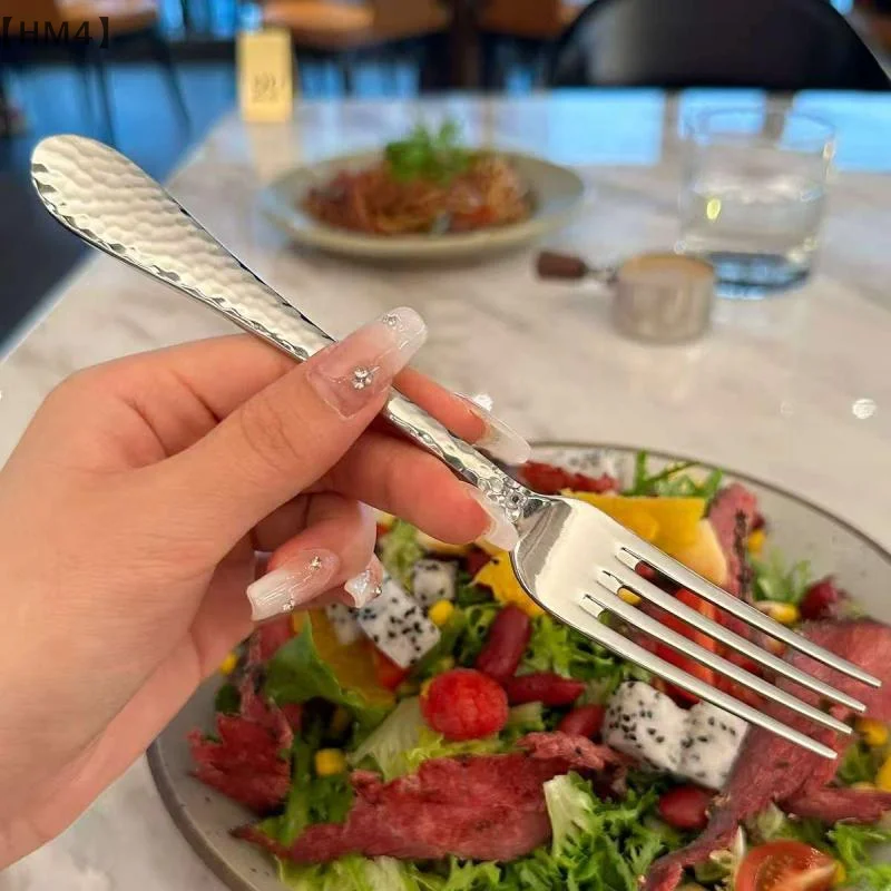 Stainless Steel Dinner Fork Long Handle Table Forks Set Korean Cutlery Four Tine Salad Dessert Fruit Forks Kitchen