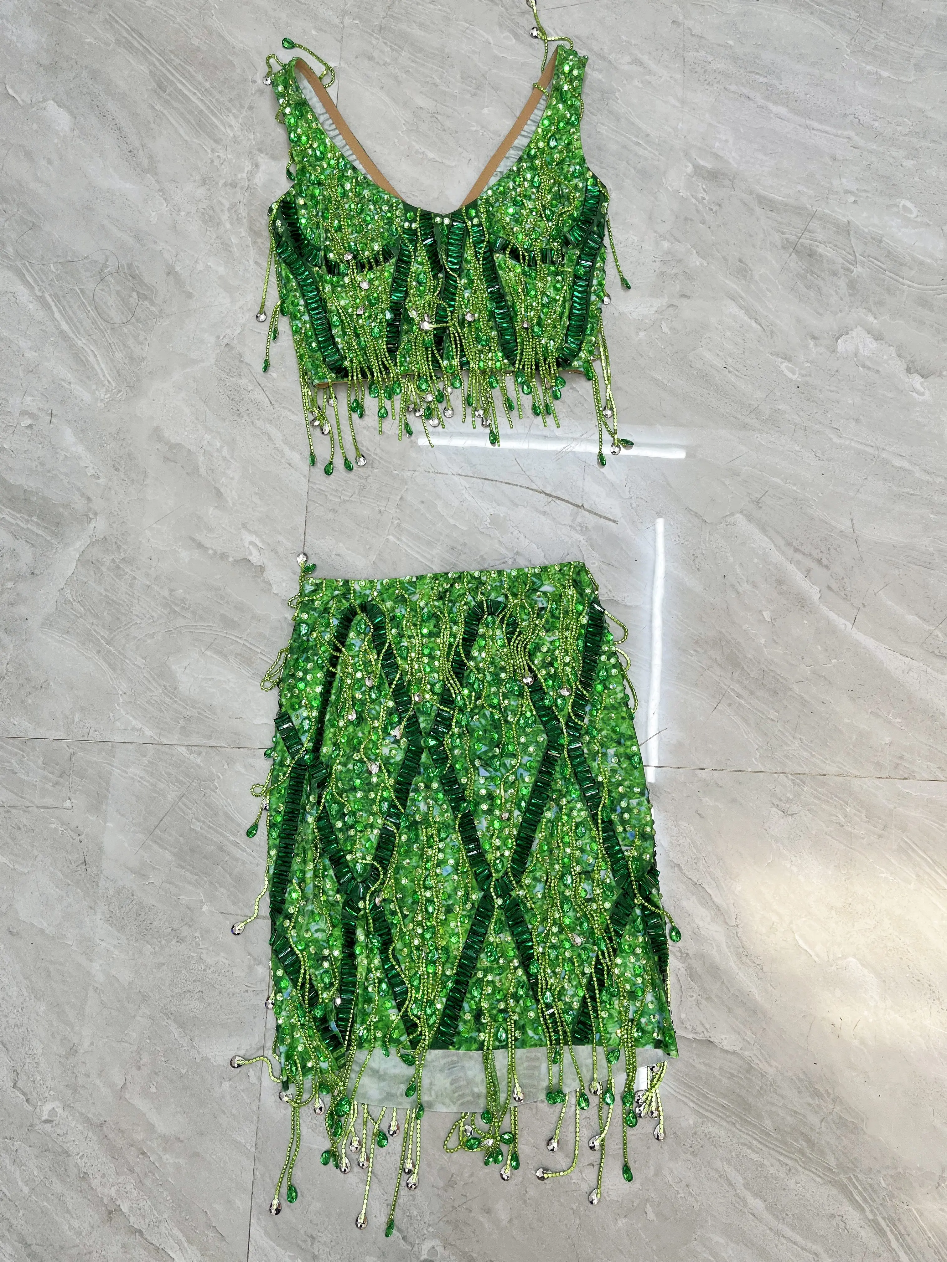 Lampeggiante verde strass cristalli catene Outfit Top gonna Set donna cantante compleanno festeggia Costume Performance caodi