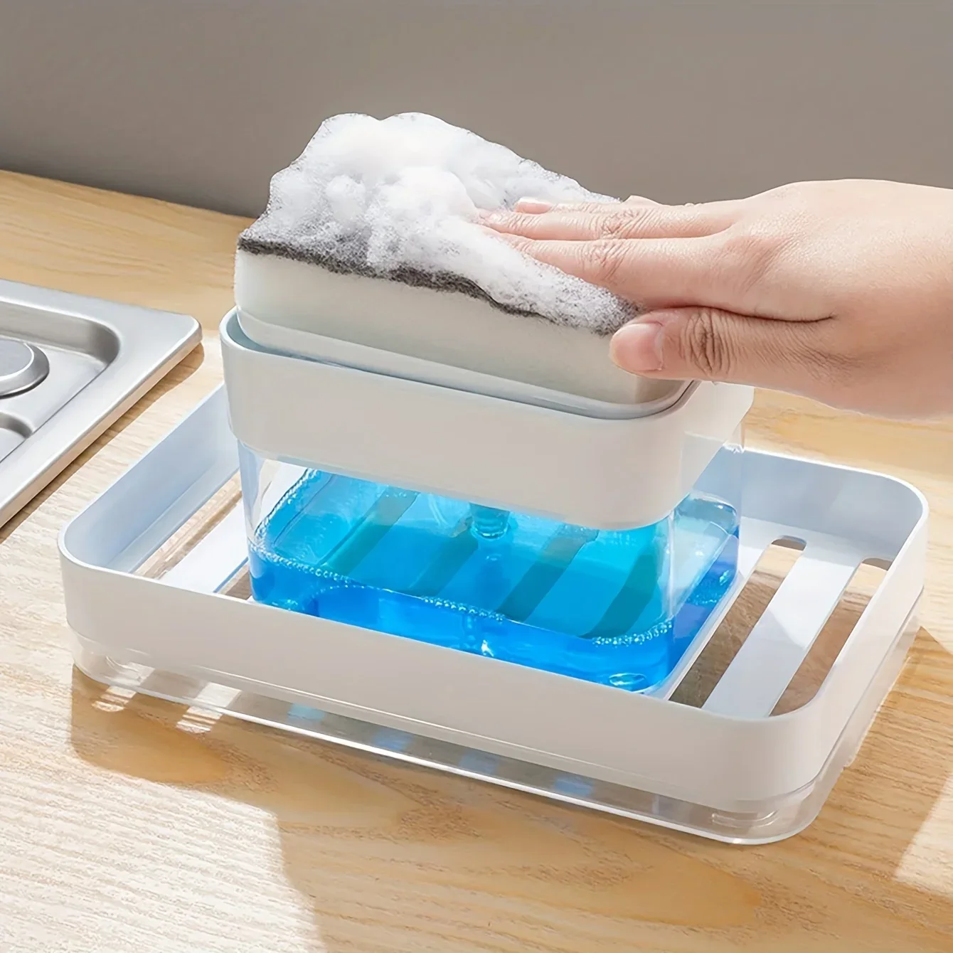 1 unidad, dispensador de jabón tipo prensa con esponja, caja de jabón de prensa, dispensador de líquido de detergente para lavavajillas de cocina