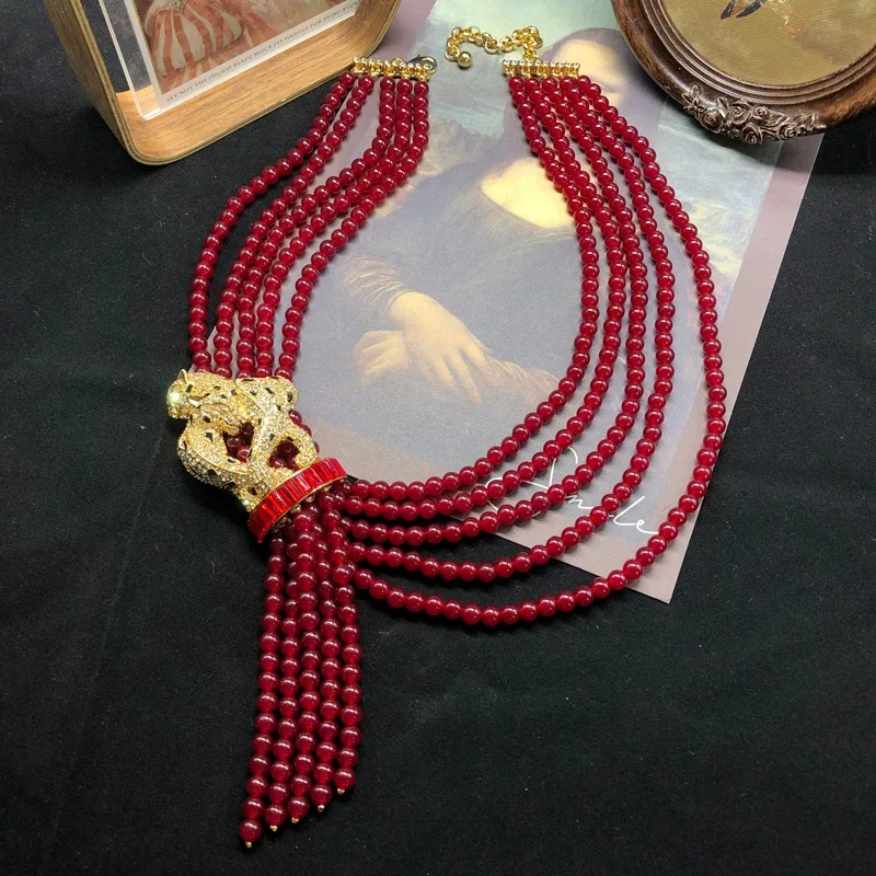versatile red stone beads multi-layer necklace big statement leopard pendant tassel exquisite jewelry