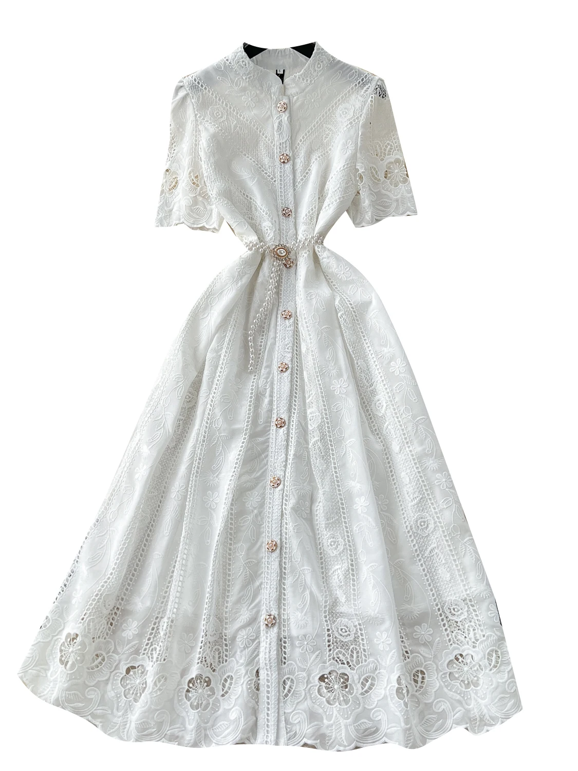 Vestido Longo E com Sobraia Estilo F Bordado Recortado com Botão Único Cintura Alta Versão Coreana Verão