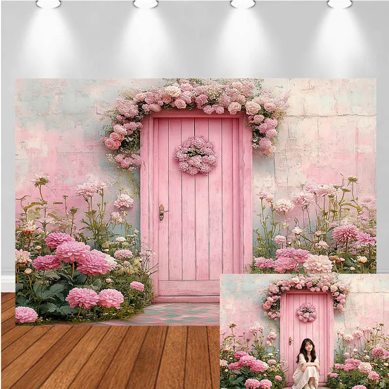 LS Photography Backdrop Pink Wooden Door Weathered Wall Decor Birthday Wedding Cake Smash Kids Adult Portrait Photo Background