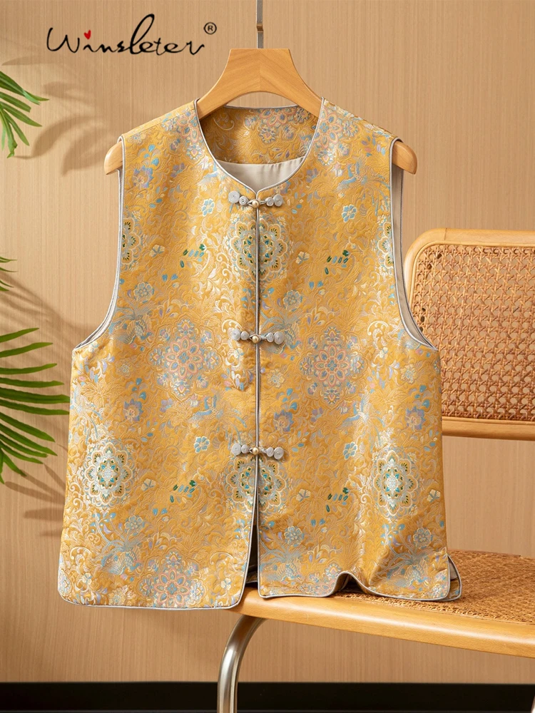 

Winsleter-100%Real Silk Song Brocade Elegant Vest Coat, O Neck Floral, Women Temperament Chic Waistcoat, 2025 Winter C5D141CC