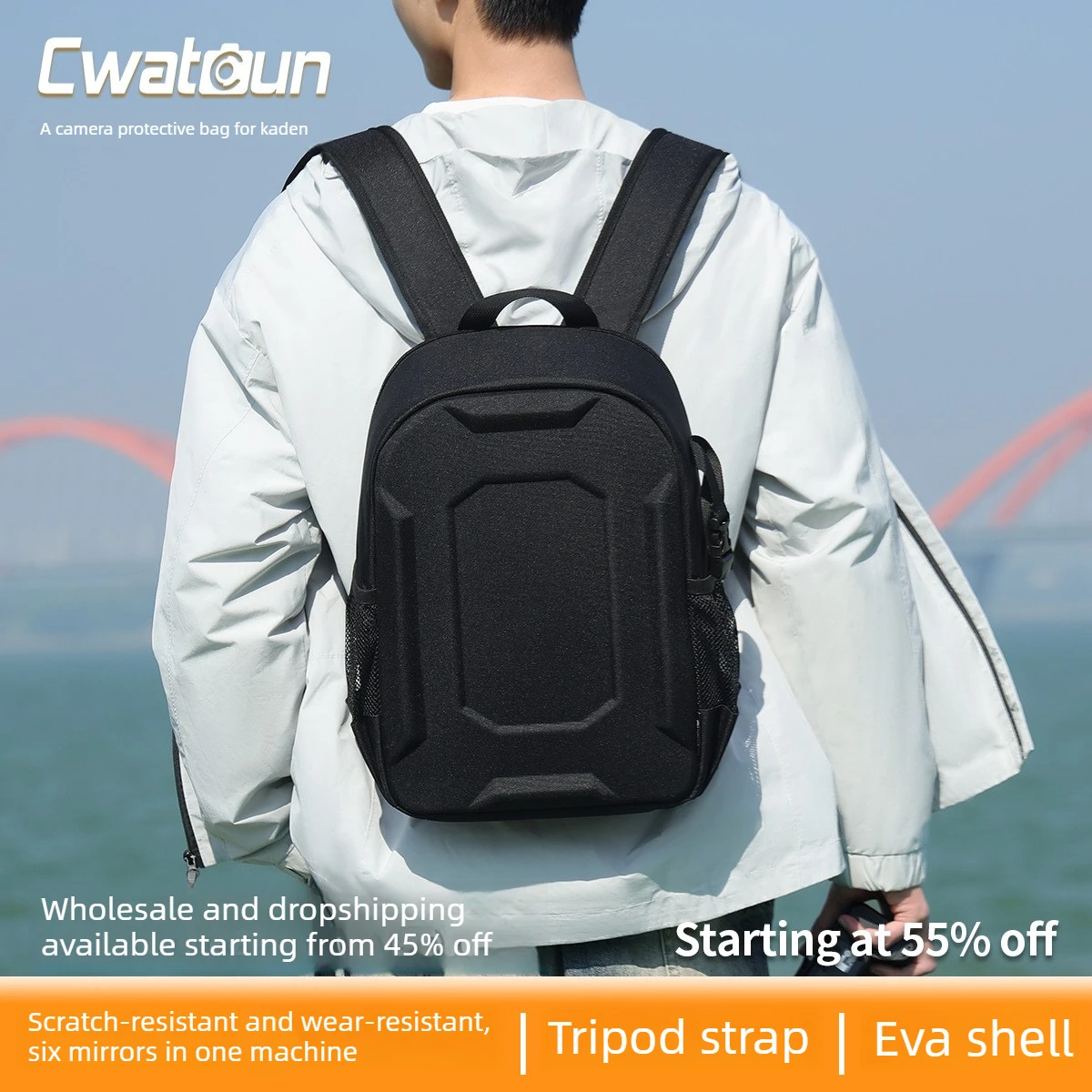 EVA Hard Shell Camera Backpack with Custom Dividers, Full Open Access, Laptop Compartment plus Water Resistant Fabric Protection