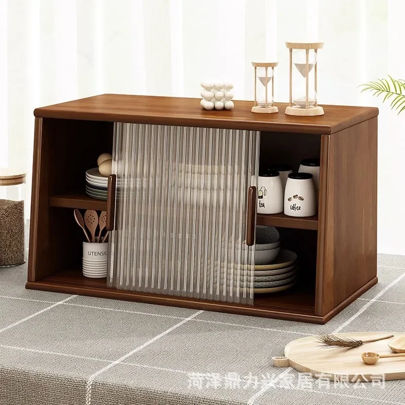 Japanese-style solid wood dining side cabinet, countertop storage cabinet, glass door, kitchen dust cabinet, coffee desktop cup