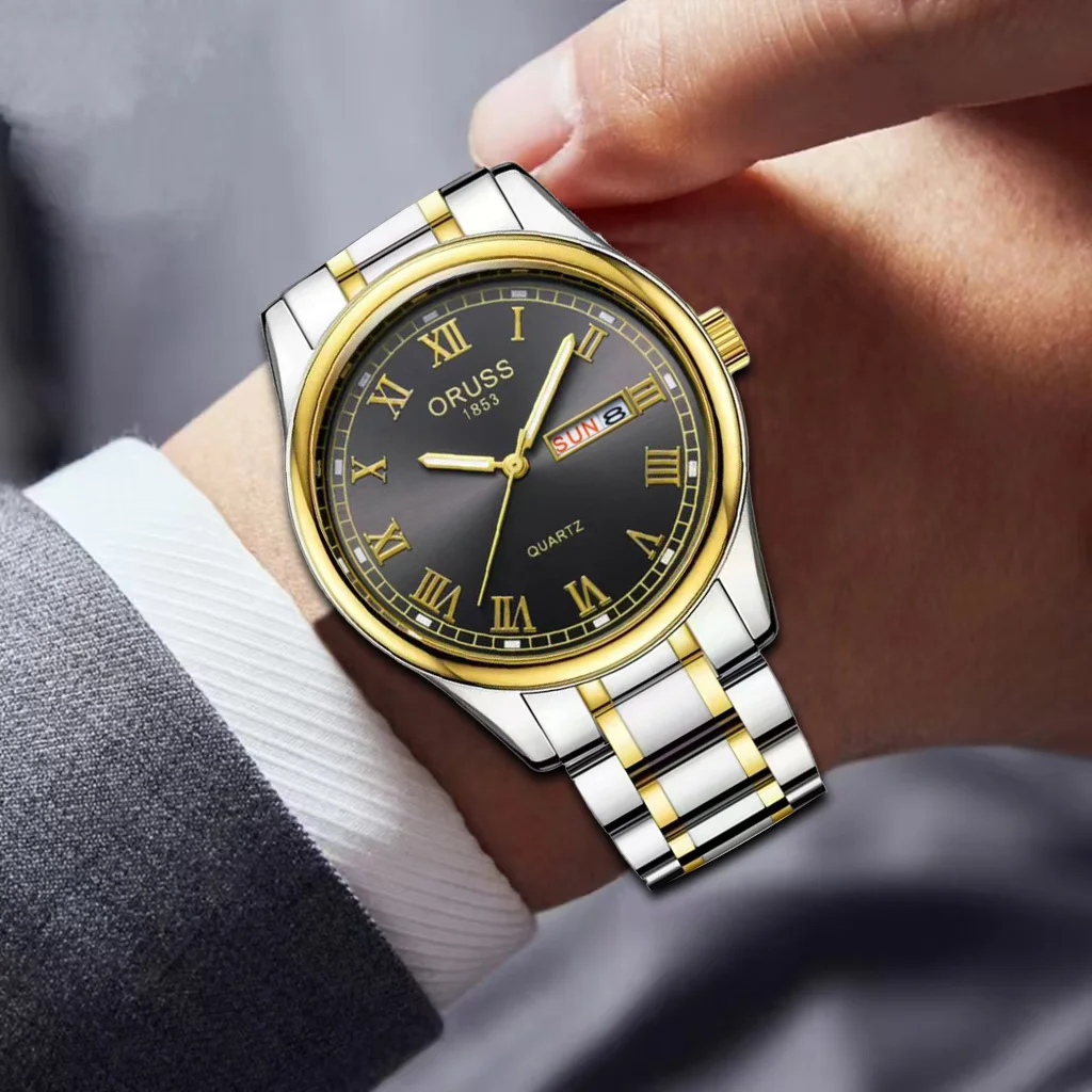 ORUSS الأصلي الفاخرة كوارتز ساعة مضيئة ساعة رجالي للرجال Freeshiping موضة ساعات المعصم الفولاذ المقاوم للصدأ مقاوم للماء جديد