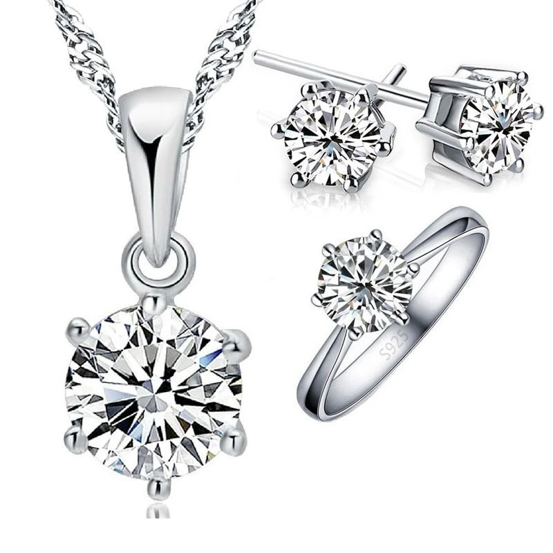 Gorąca kobieta urodziny prezent biżuteria ślubna zestaw stałe 925 Sterling Silver Shining kryształowy naszyjnik pierścień kolczyk 3 sztuk