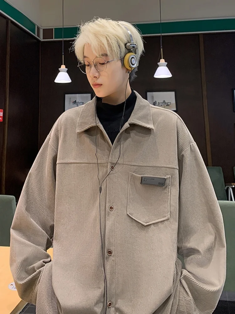 

Corduroy Long Sleeve Shirt Casual Style Collarless Youthful Spring New Loose Fit Iron Free Fashionable Shirt for Teens