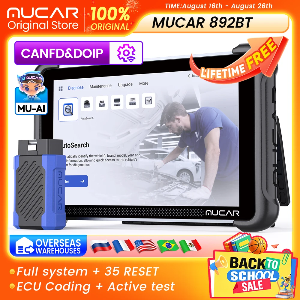 MUCAR 892BT Car Diagnostic Tool AI Full System Scanner Tool 35 Reset ECU Coding Bi-Directional CANFD&Doip Lifetime Free Update