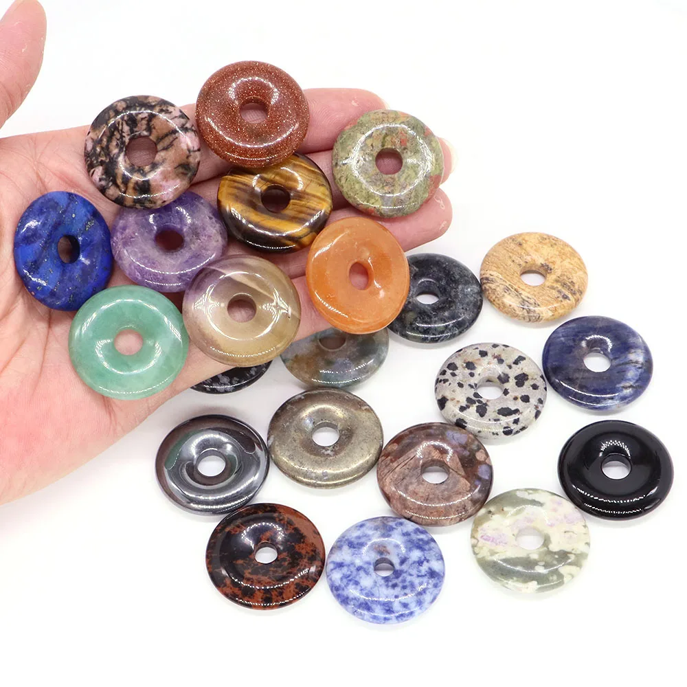 Wholesale 30mm Natural Round Big Hole Hollow Stones Healing Crystals Donut Charm Pendant For Making Jewelry Necklace Lucky Gifts