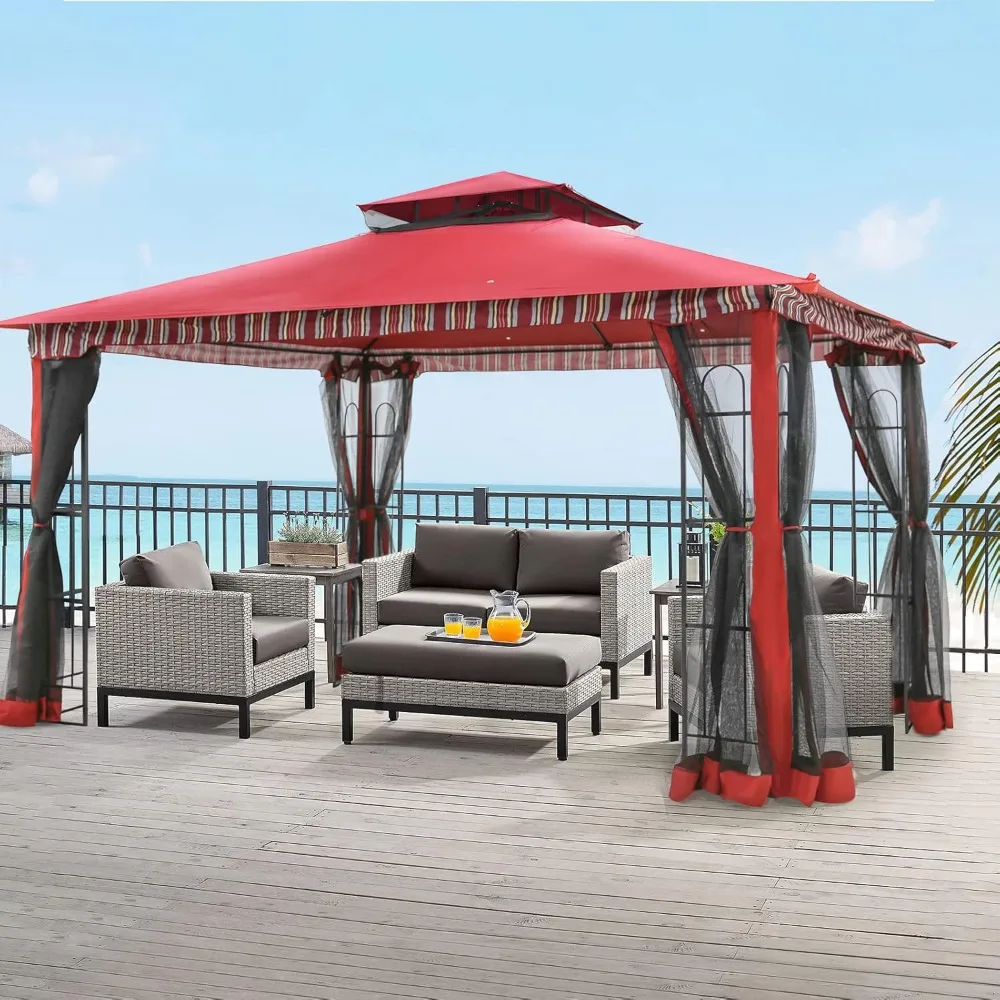 

13x11 Ft Canopy Gazebo with Netting, Double Roof Canopy Shelter with Corner Frame Shelves for Outdoors,