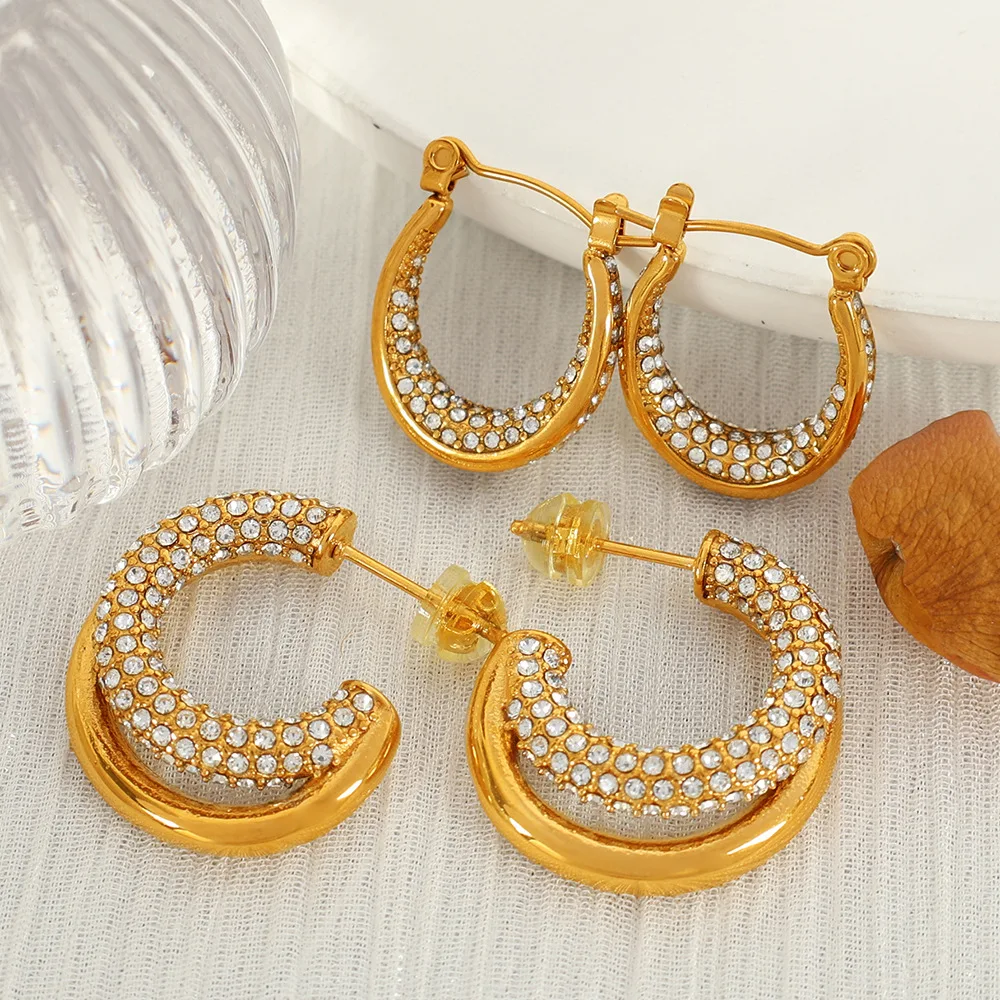 

Temperament Inlaid Zircon Diamond C-Shaped Personality Fashion Stainless Steel Earrings Full Diamond Ladies Jewelry