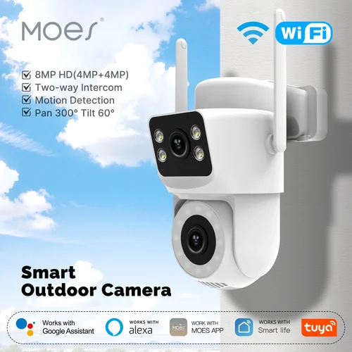 Moes Tuya WiFi inteligente cámara de seguridad exterior 4MP pantalla Dual 2,4G/5G IP65 impermeable detección de movimiento seguimiento automático Audio bidireccional