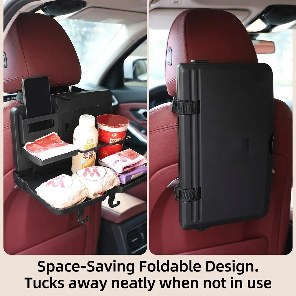 Car Back Seat Folding Table Multi-functional Meal Tray Organizer with Phone Holder for Snacks Drinks